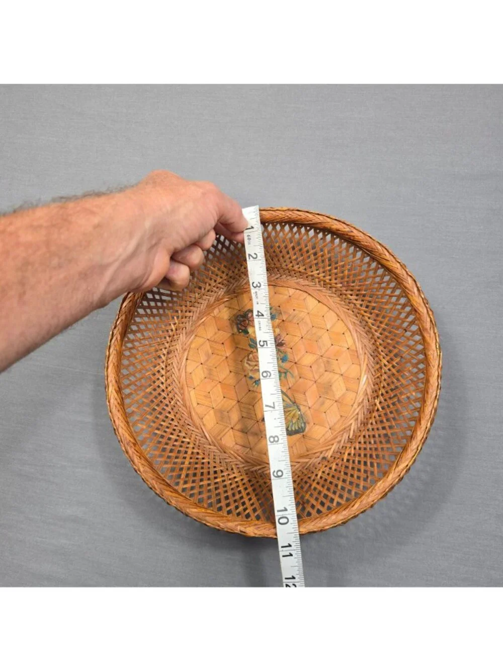 Vintage Woven Bamboo Basket Floral Butterfly Painted Round 11 Inch Wall Decor